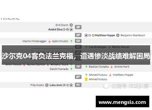 沙尔克04客负法兰克福，遭遇惨淡战绩难解困局