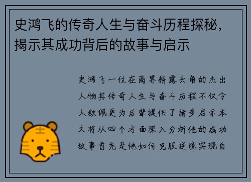 史鸿飞的传奇人生与奋斗历程探秘，揭示其成功背后的故事与启示